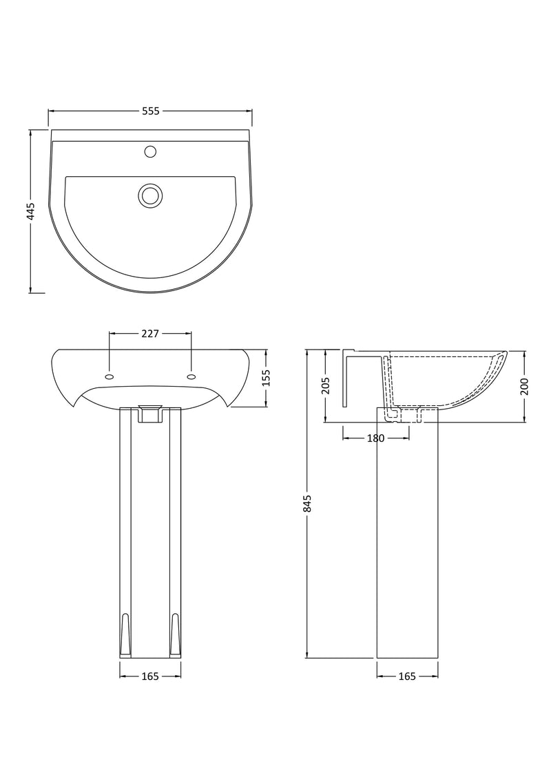 Nuie Ivo 550mm 1 tap hole basin and pedestal line drawing with dimensions