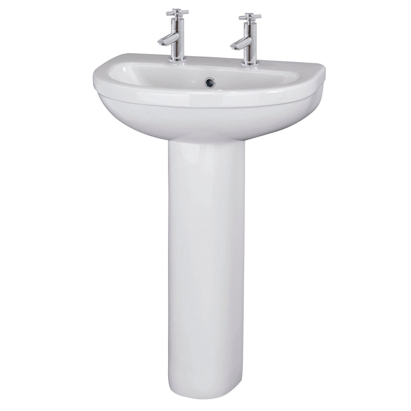 Nuie Ivo 550mm 2 tap hole ceramic basin and full pedestal in white