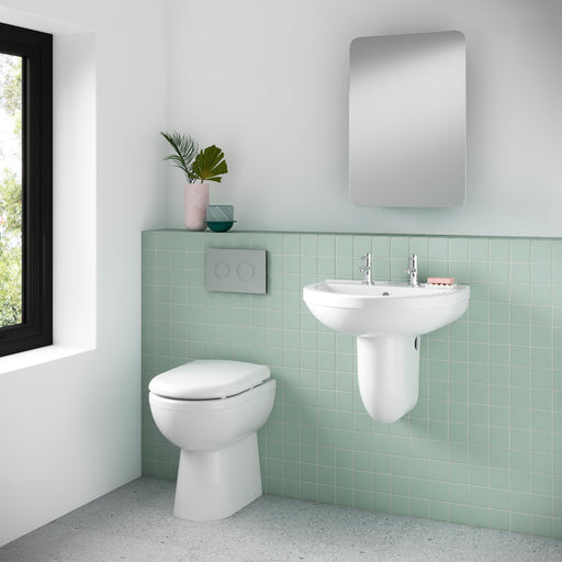 Nuie Ivo 550mm 2 tap hole basin and semi pedestal in a contemporary bathroom