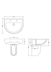 Nuie Ivo 550mm 2 tap hole basin and semi pedestal line drawing with dimensions