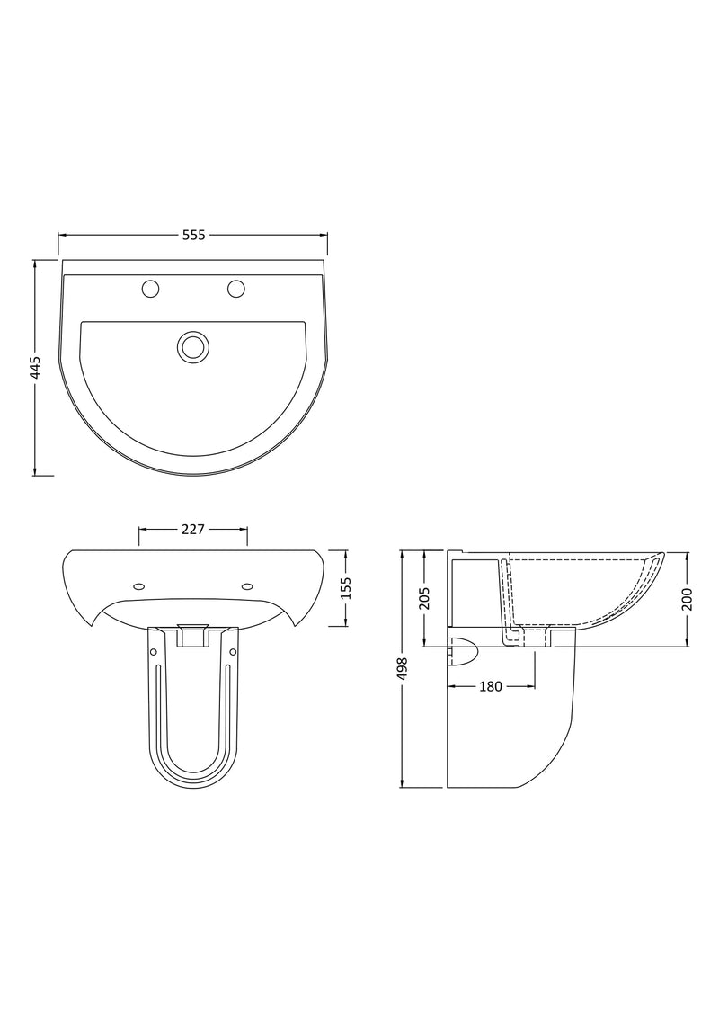 Nuie Ivo 550mm 2 tap hole basin and semi pedestal line drawing with dimensions