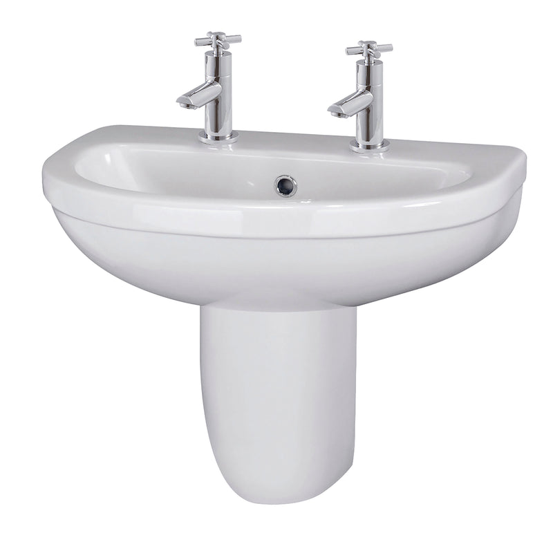 Nuie Ivo 550mm 2 tap hole ceramic basin and semi pedestal in white