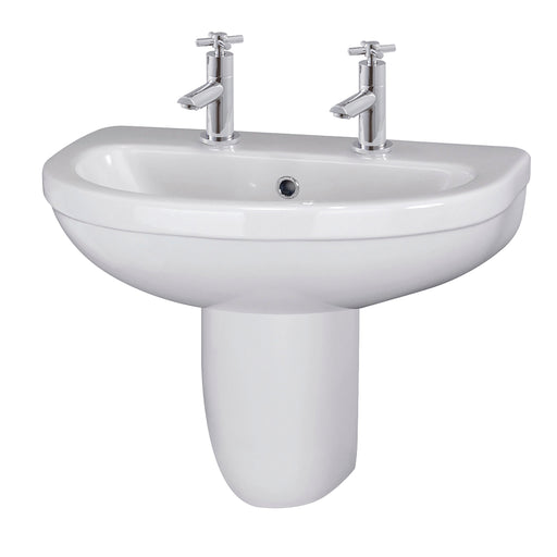 Nuie Ivo 550mm 2 tap hole ceramic basin and semi pedestal in white