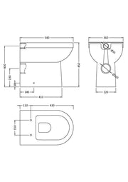 Nuie Ivo round comfort height back to wall toilet pan line drawing with dimensions