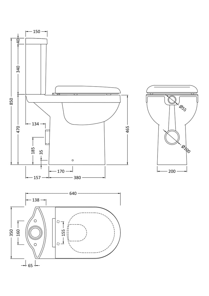 Nuie Ivo comfort height close coupled toilet line drawing with dimensions