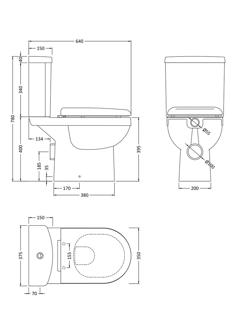 Nuie Ivo rimless close coupled toilet line drawing with dimensions