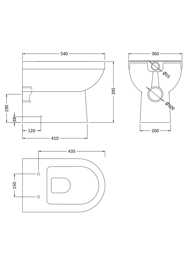 Nuie Ivo round back to wall toilet pan line drawing with dimensions