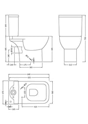 Nuie Ivo square rimless close coupled toilet line drawing with dimensions