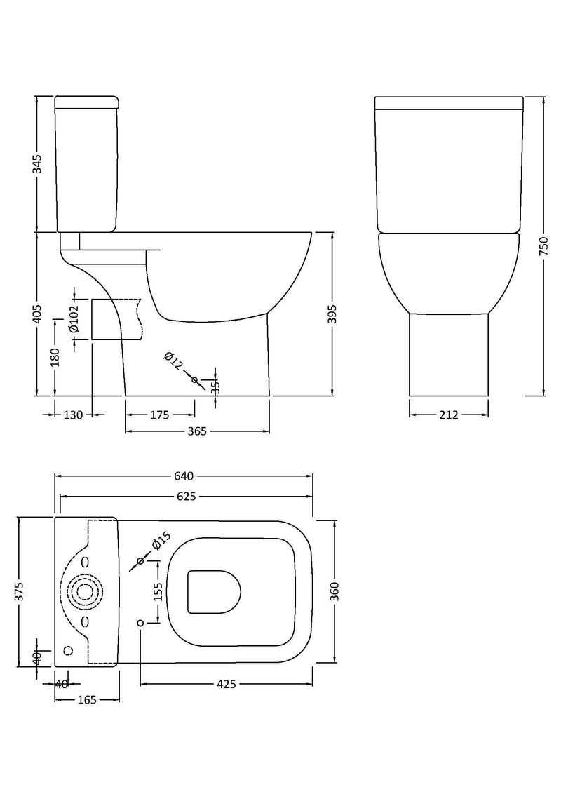 Nuie Ivo square rimless close coupled toilet line drawing with dimensions