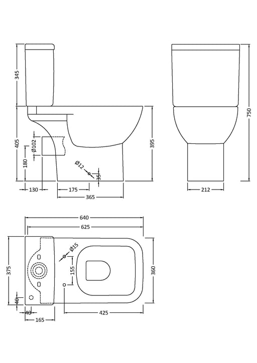 Nuie Ivo square rimless close coupled toilet line drawing with dimensions