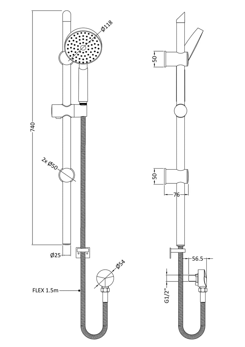 Nuie Chrome Shower Slide Rail Kit dimensions line drawing