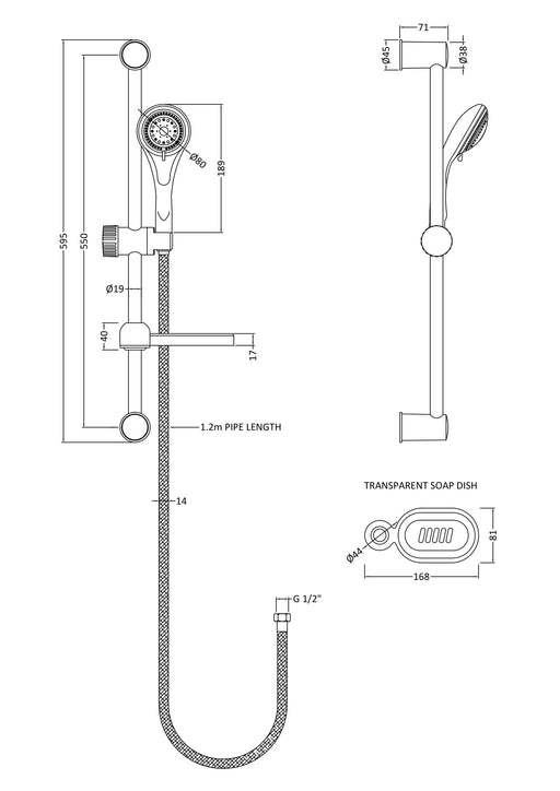 Nuie Chrome Shower Slide Rail Kit dimensions line drawing