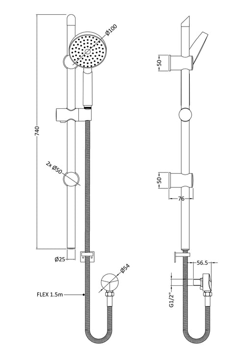 Nuie Chrome Shower Slide Rail Kit dimensions line drawing