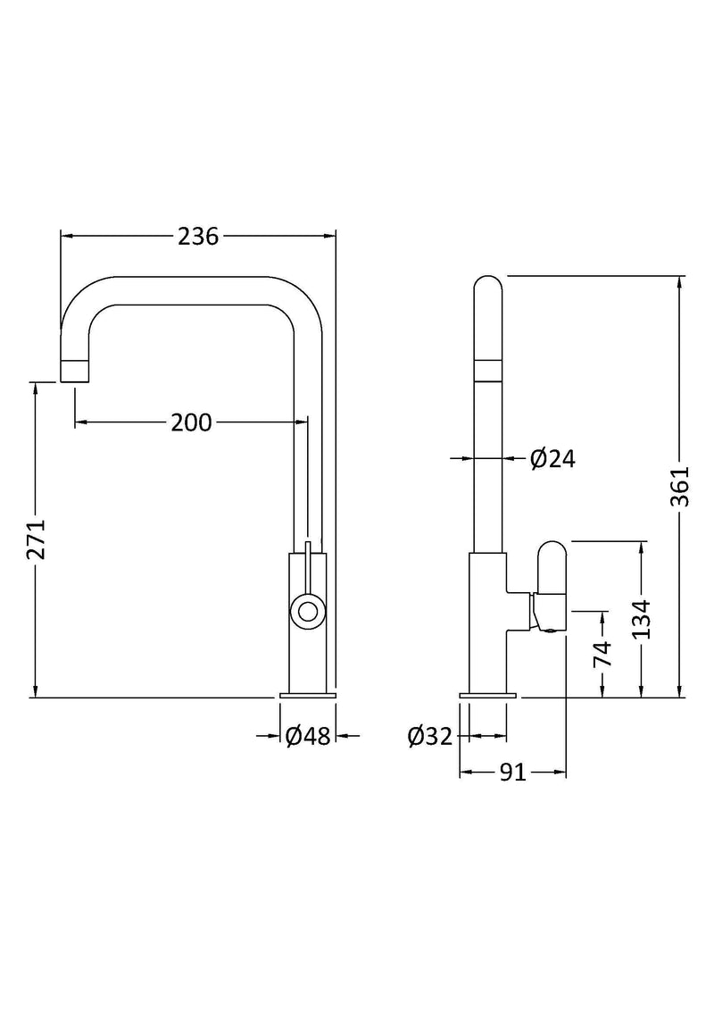 Nuie Kosi Kitchen Mixer Tap Single Lever line drawing