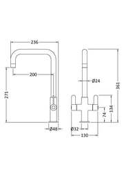 Nuie Kosi Kitchen Mixer Tap Twin Lever line drawing