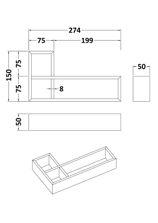 Nuie L-Shaped Bamboo Furniture Drawer Organiser (DDL300) line drawing