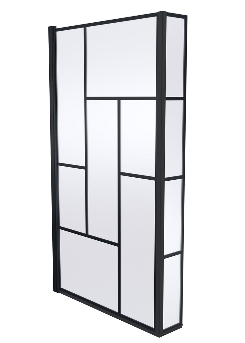 Nuie L-Shaped Bath Screen - Matt Black Abstract Matrix with Fixed Return