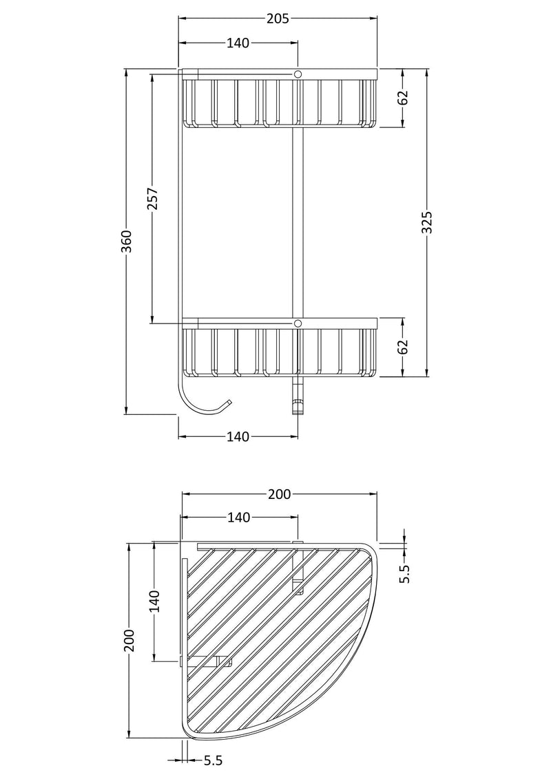 Nuie Large 2 Tier Corner Basket Chrome (LL308) line drawing