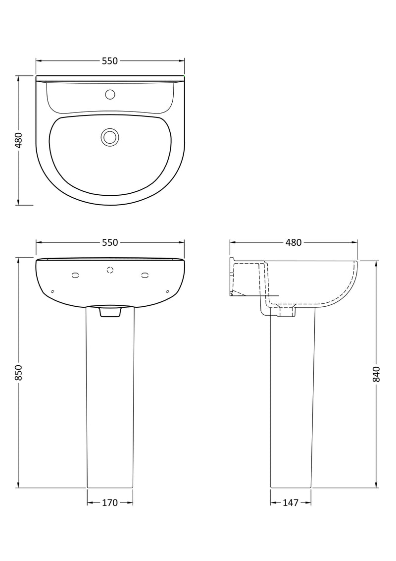 Nuie Lawton 550mm basin and pedestal line drawing with dimensions