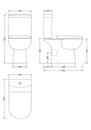 Nuie Lawton close coupled toilet line drawing with dimensions