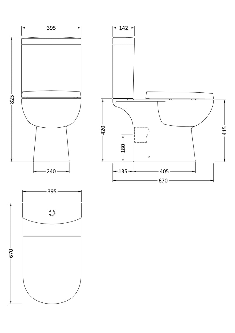 Nuie Lawton close coupled toilet line drawing with dimensions