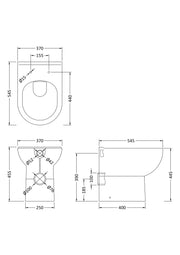 Nuie Lawton comfort height back to wall toilet pan line drawing with dimensions