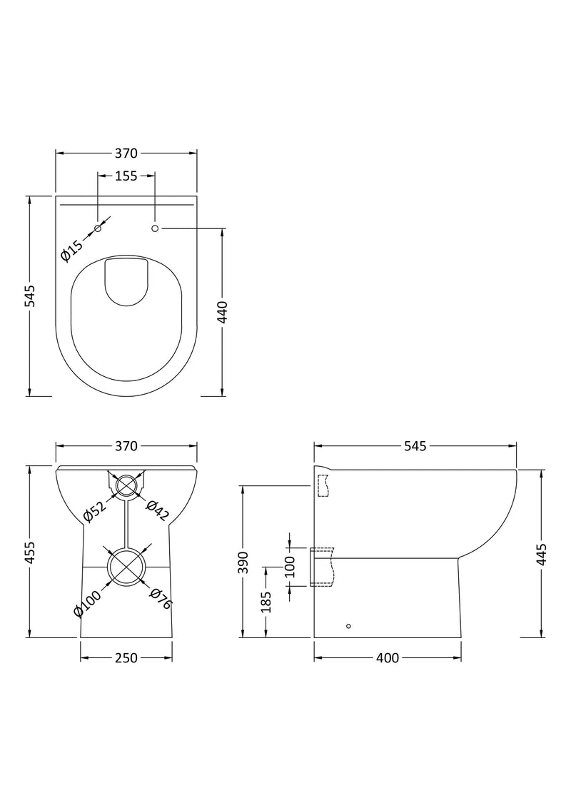 Nuie Lawton comfort height back to wall toilet pan line drawing with dimensions