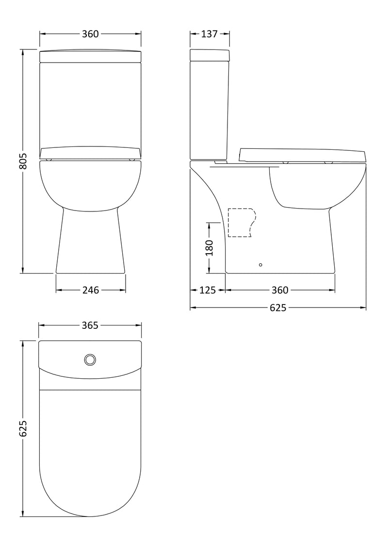 Nuie Lawton compact toilet line drawing with dimensions