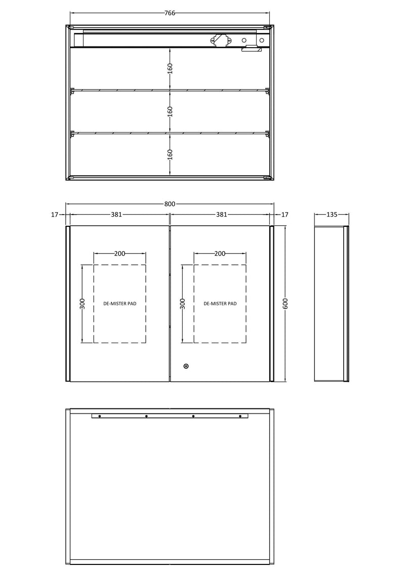 Nuie Leda 800 x 600mm Mirror Cabinet with Demister & Shaver Socket (LQ094) line drawing