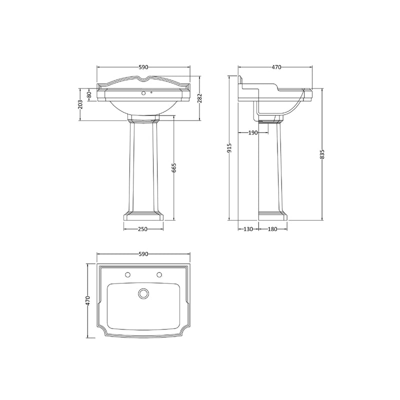 Nuie Legend 590mm basin and pedestal line drawing with dimensions