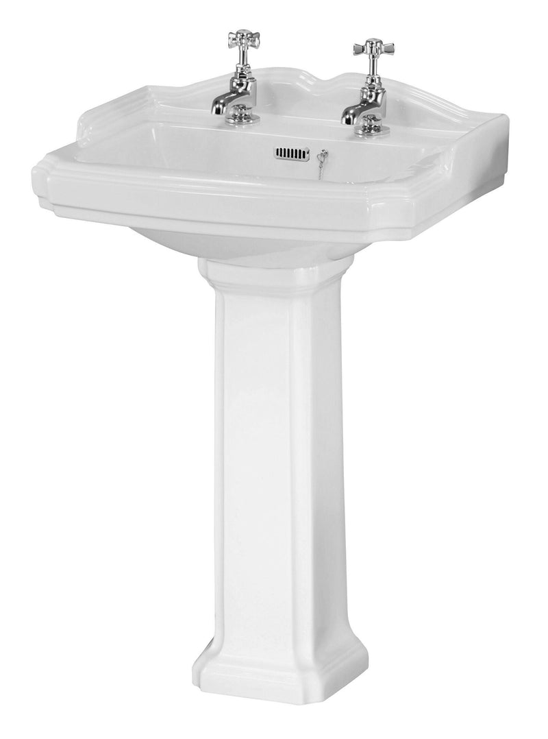 Nuie Legend 590mm 2 tap hole traditional ceramic basin and full pedestal in white