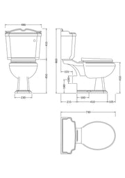 Nuie Legend traditional close coupled toilet line drawing with dimensions