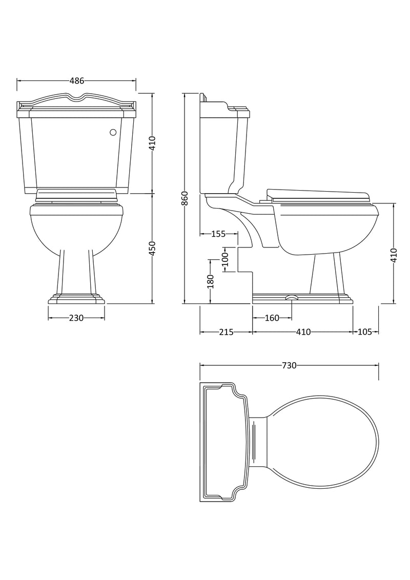 Nuie Legend traditional close coupled toilet line drawing with dimensions