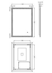 Nuie Leva 500x700mm LED touch sensor mirror dimensions diagram