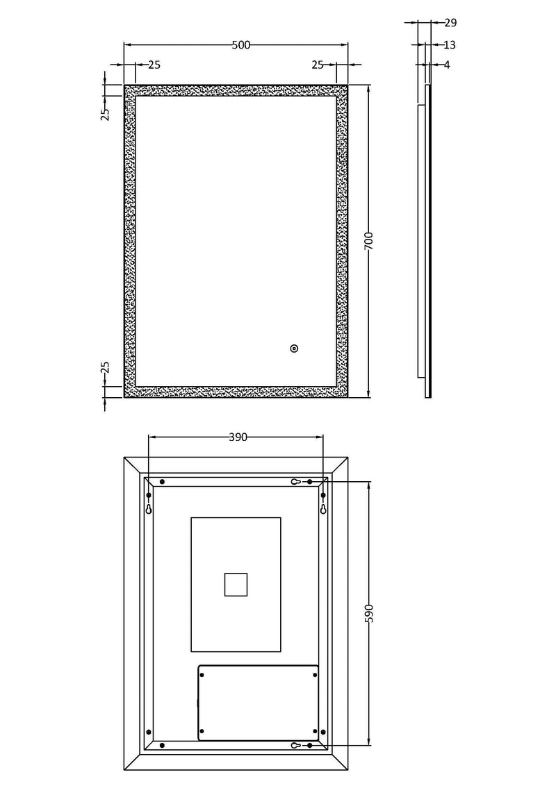 Nuie Leva 500x700mm LED touch sensor mirror dimensions diagram