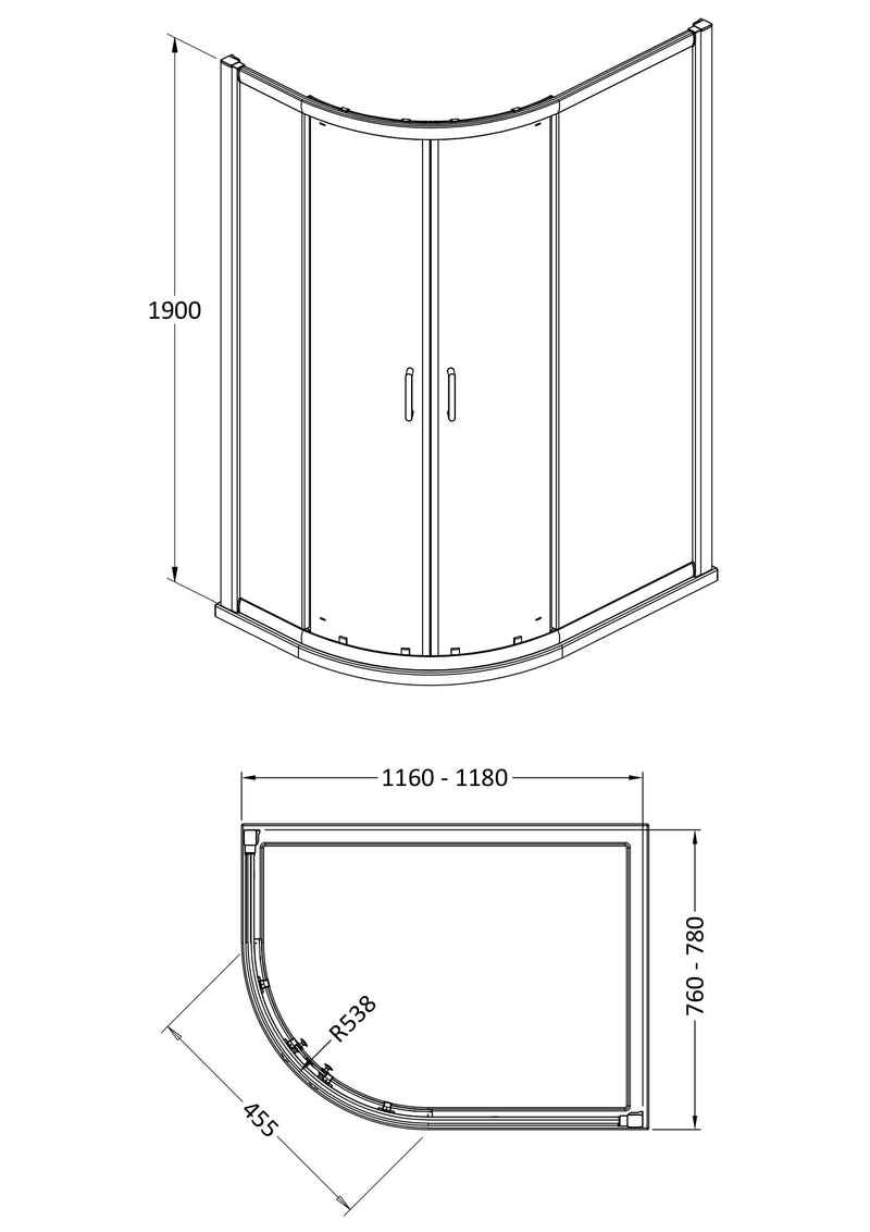 Nuie Lucie 1200mm Offset Quadrant Shower Enclosure line drawing