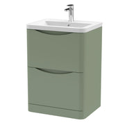 Nuie Lunar 600mm 2 drawer floor standing vanity unit with ceramic basin in Satin Green