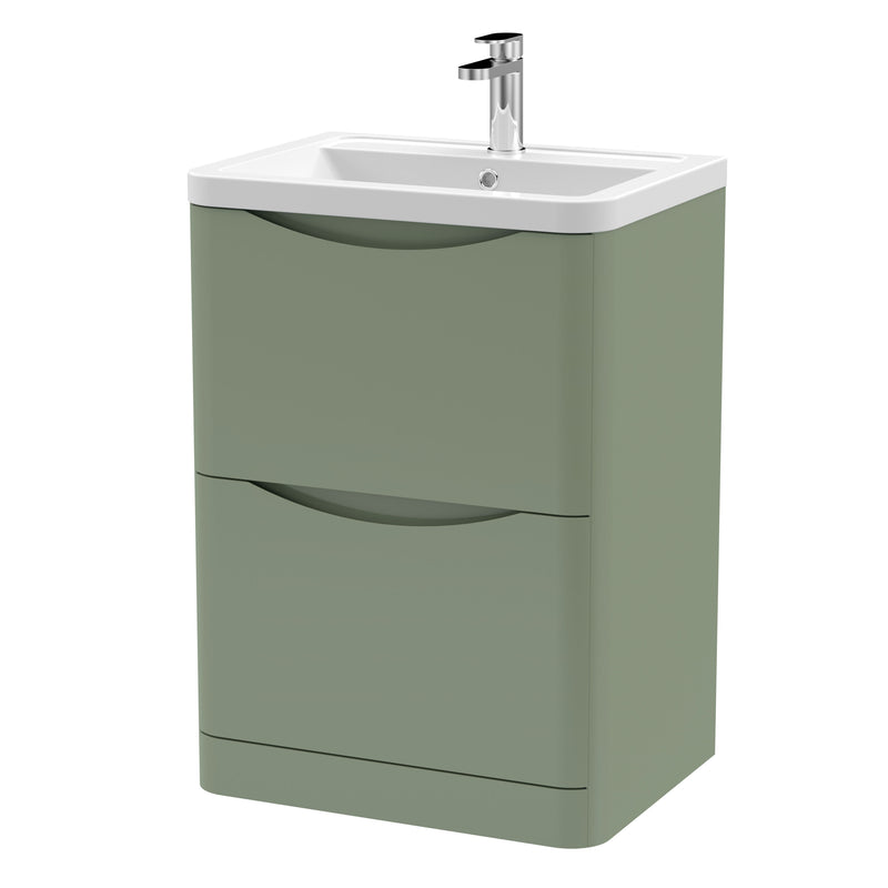 Nuie Lunar 600mm 2 drawer floor standing vanity unit with ceramic basin in Satin Green