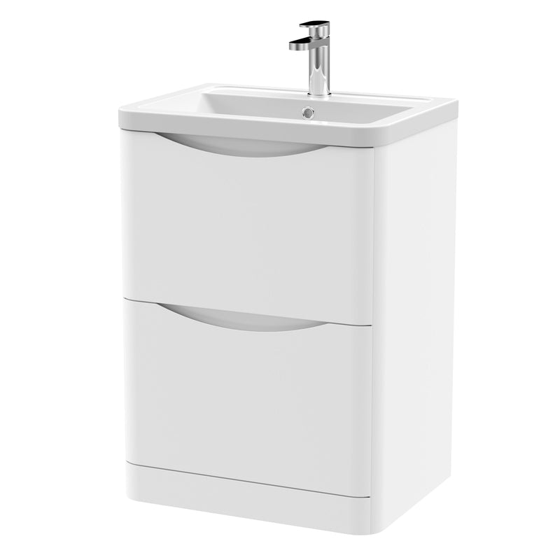 Nuie Lunar 600mm 2 drawer floor standing vanity unit with ceramic basin in Satin White