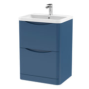 Nuie Lunar 600mm 2 drawer floor standing vanity unit with polymarble basin in Satin Blue