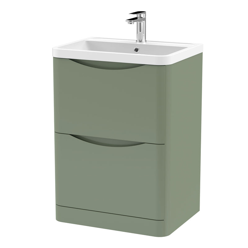 Nuie Lunar 600mm 2 drawer floor standing vanity unit with polymarble basin in Satin Green