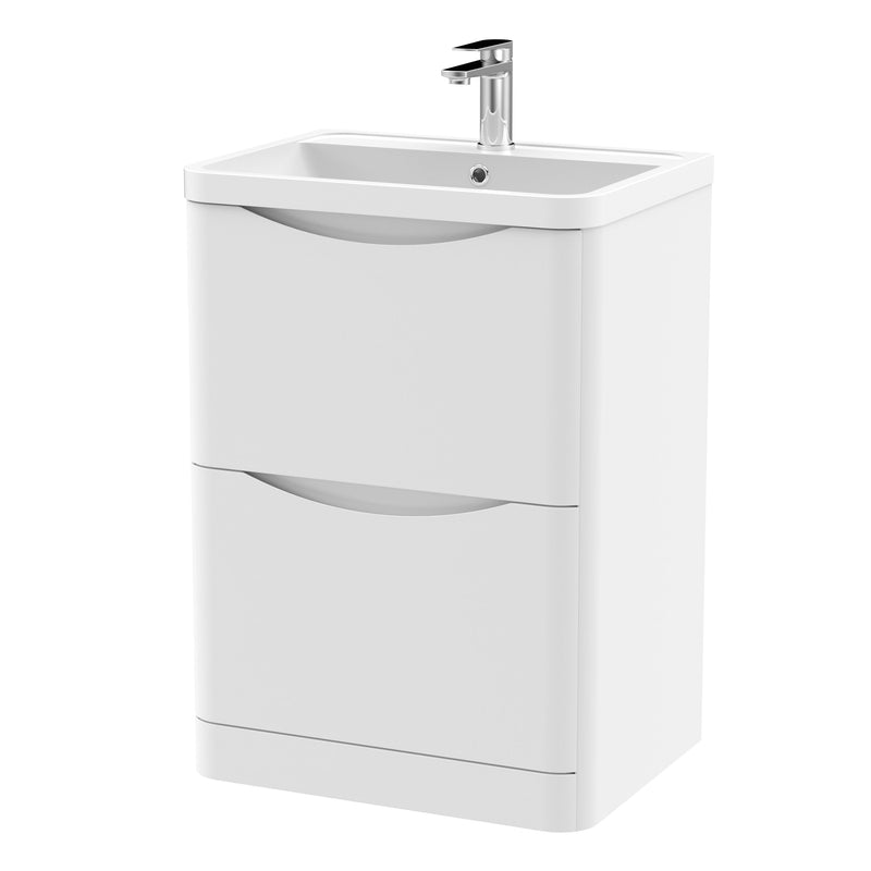 Nuie Lunar 600mm 2 drawer floor standing vanity unit with polymarble basin in Satin White