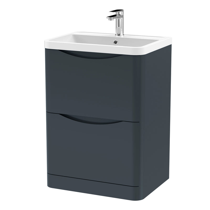 Nuie Lunar 600mm 2 drawer floor standing vanity unit with polymarble basin in Soft Black