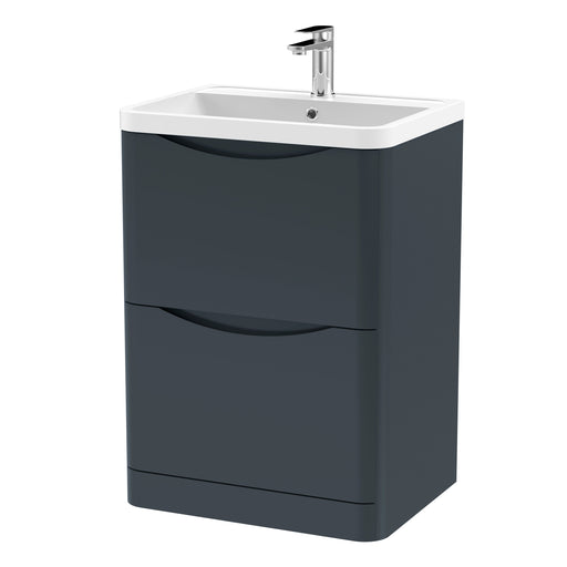 Nuie Lunar 600mm 2 drawer floor standing vanity unit with polymarble basin in Soft Black