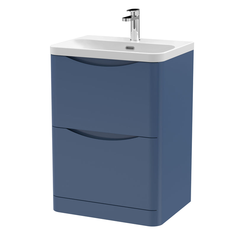 Nuie Lunar 600mm 2 drawer floor standing vanity unit with thin-edge ceramic basin in Satin Blue