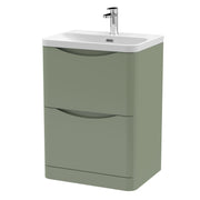 Nuie Lunar 600mm 2 drawer floor standing vanity unit with thin-edge ceramic basin in Satin Green