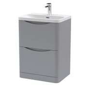 Nuie Lunar 600mm 2 drawer floor standing vanity unit with thin-edge ceramic basin in Satin Grey