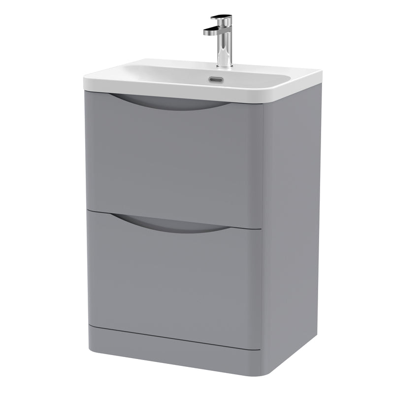 Nuie Lunar 600mm 2 drawer floor standing vanity unit with thin-edge ceramic basin in Satin Grey