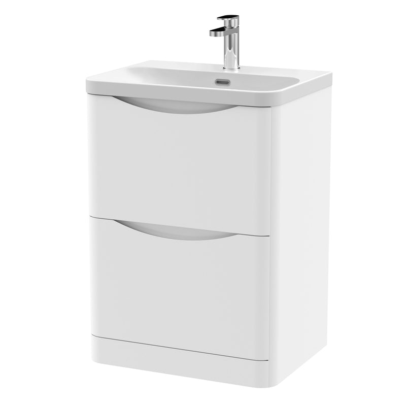 Nuie Lunar 600mm 2 drawer floor standing vanity unit with thin-edge ceramic basin in Satin White