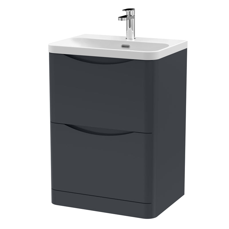 Nuie Lunar 600mm 2 drawer floor standing vanity unit with thin-edge ceramic basin in Soft Black